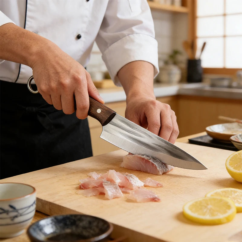 Kitchen Knife – Heavy Duty Carbon Steel Chef Knife, Outdoor Barbecue Cleaver, Boning, Meat Slicing & Fish Fillet Knife with Ergonomic Finger Hole and Leather Sheath