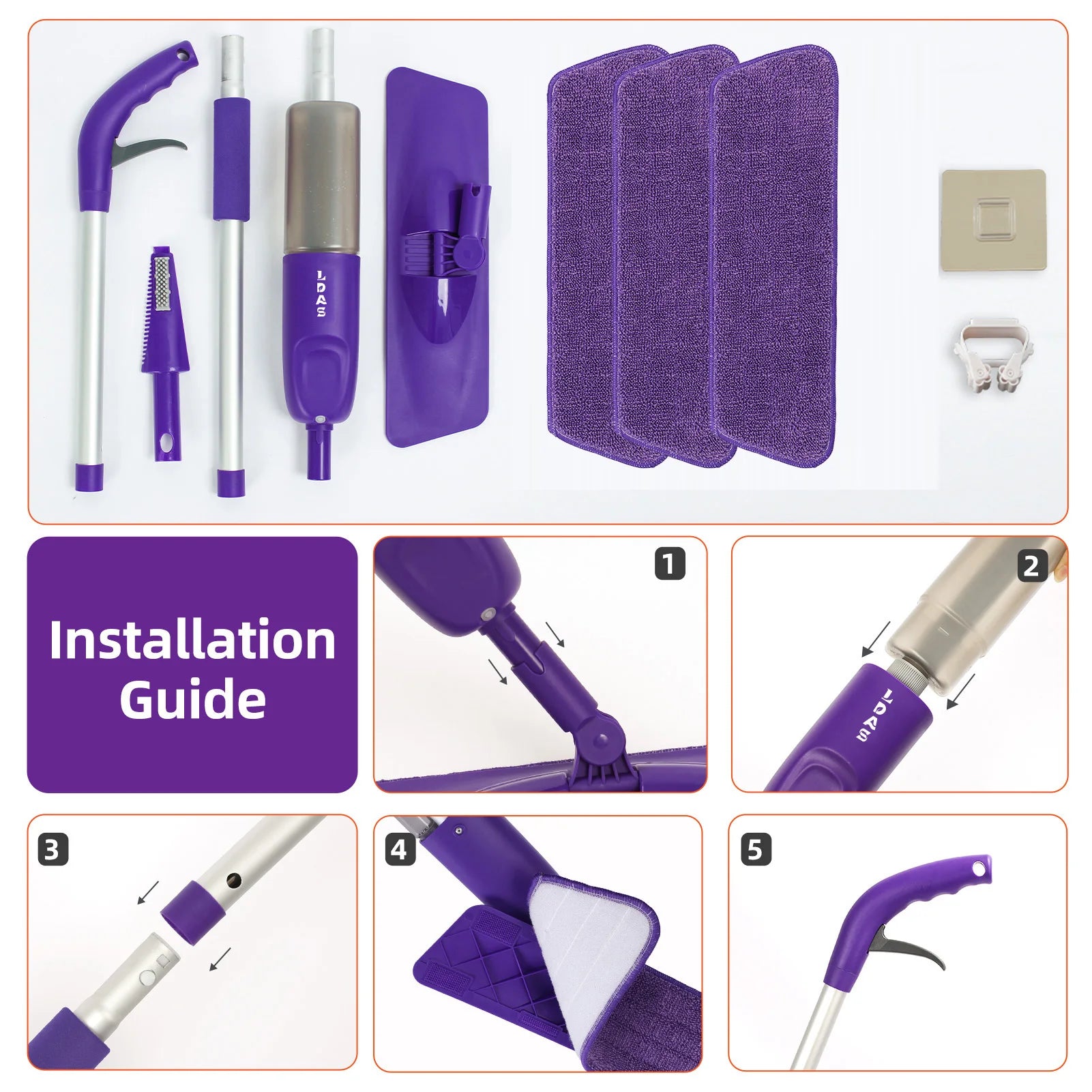 Spray Mop, Microfiber Mop Pads, Scraper, Mop Clip, Wet and Dry Use, Flat Floor Cleaning Mop