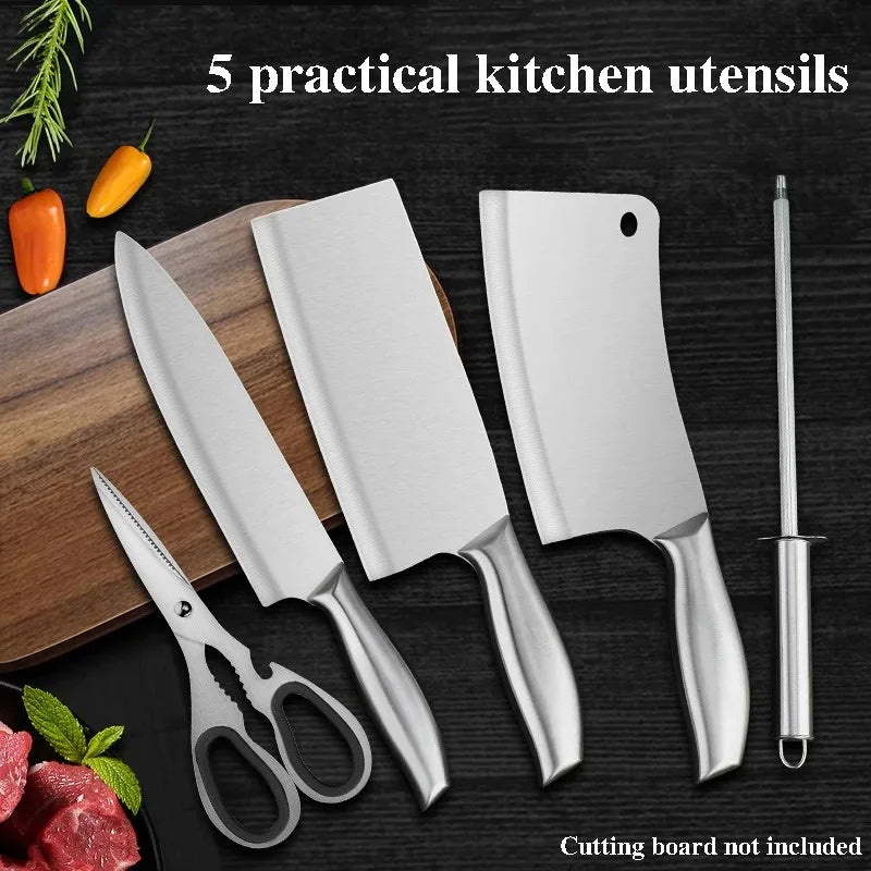 Professional 5-Piece Heavy Duty Forged Stainless Steel Kitchen Knife Set, Ultra Sharp Meat Cleaver, Bone Chopper, and Chef Knife Combo with Honing Rod