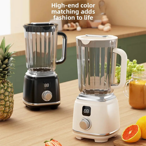 Two blenders, one black and one white, on a table with fruits and a drink.

