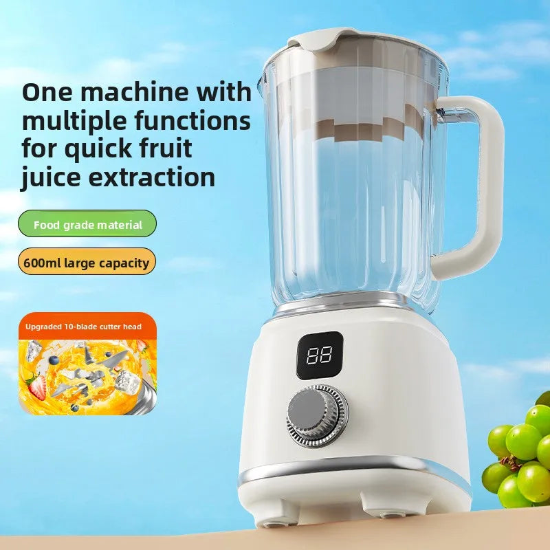 A white and clear electric blender with a digital display and rotary dial, shown against a light blue sky background with promotional text and fruit graphics.

