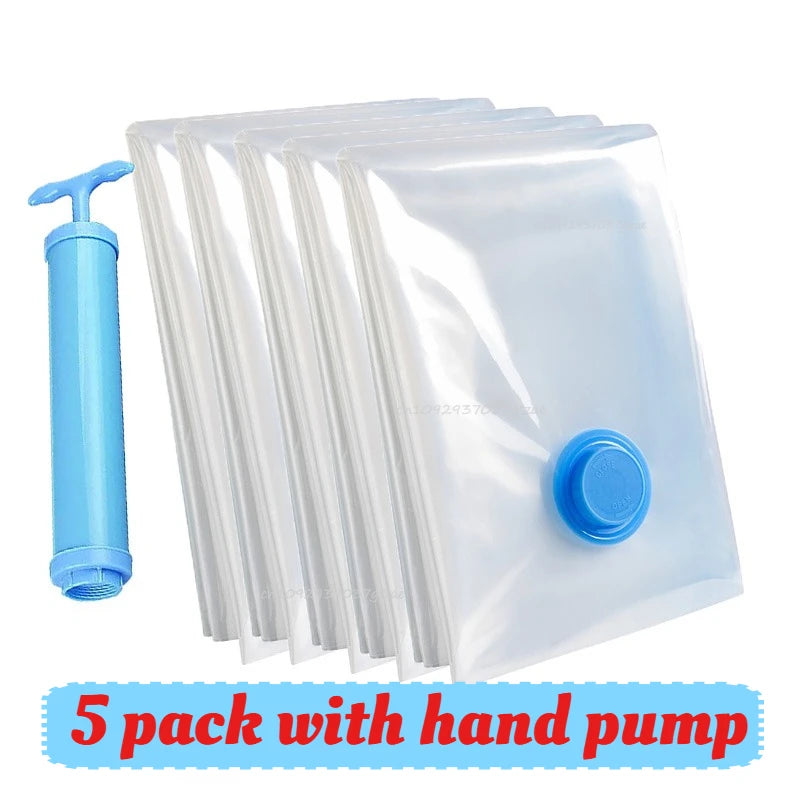 Vacuum Storage Bags for Clothes Space Saving Compression Bags Set with Manual Travel Hand Pump, Heavy Duty Thickened Reusable Organizers for Comforters, Blankets, Bedding  .