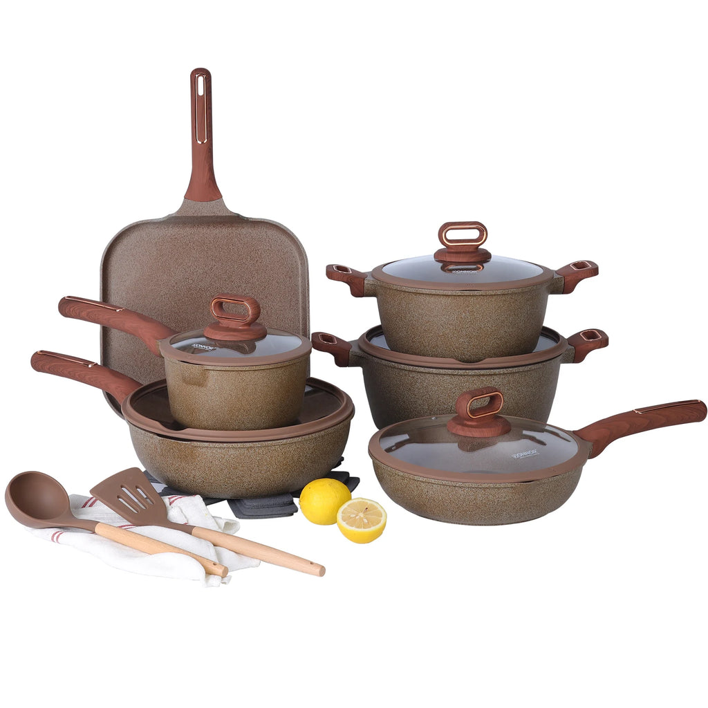 Premium Non-Stick Granite Cookware Set – Pots and Pans with Induction Bottom and Stay-Cool Wood Grain Handles