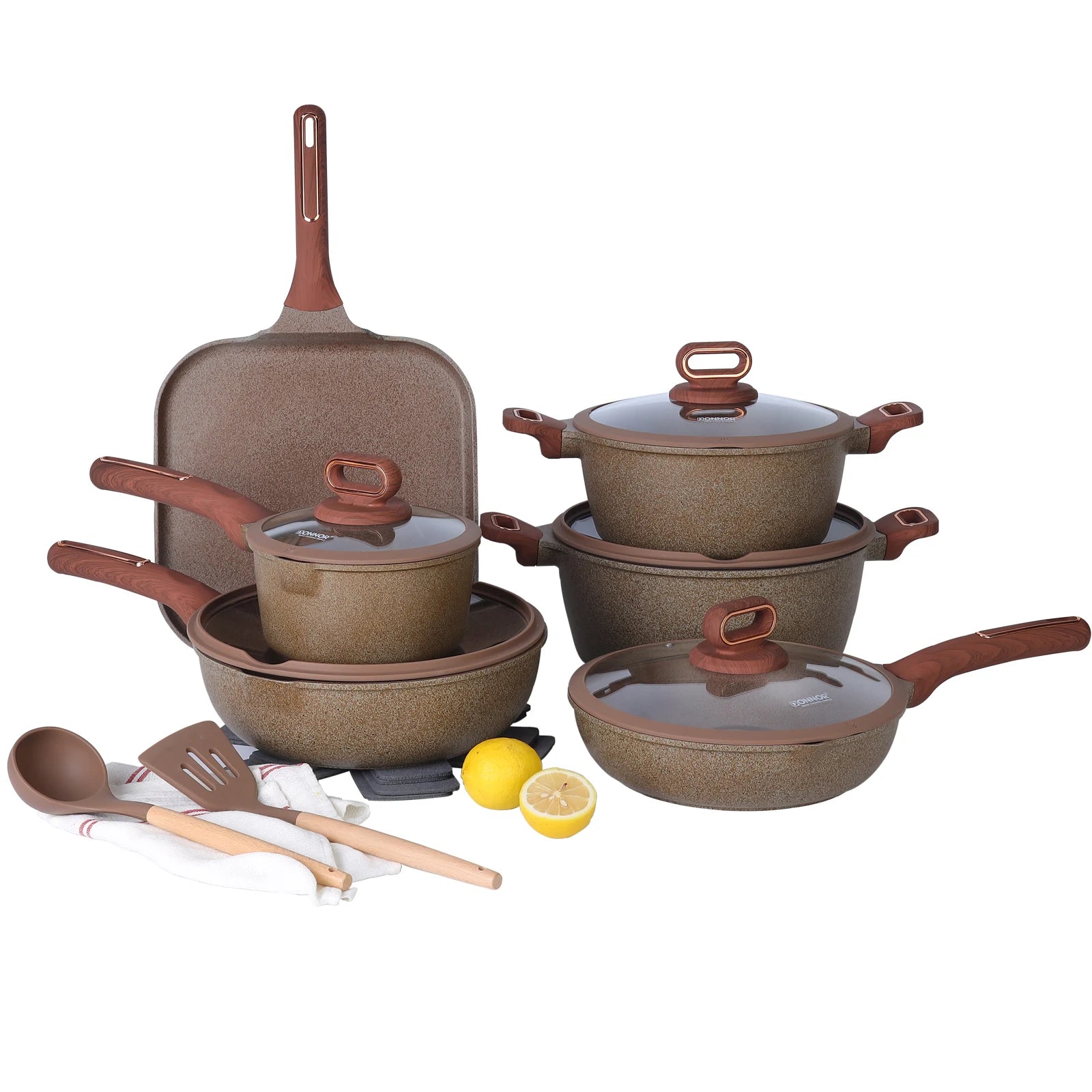 Premium Non-Stick Granite Cookware Set – Pots and Pans with Induction Bottom and Stay-Cool Wood Grain Handles