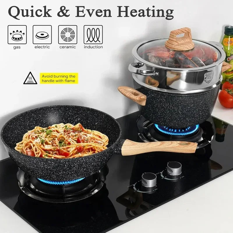 Cooking setup with a wok, pot, and stove displaying quick and even heating.


