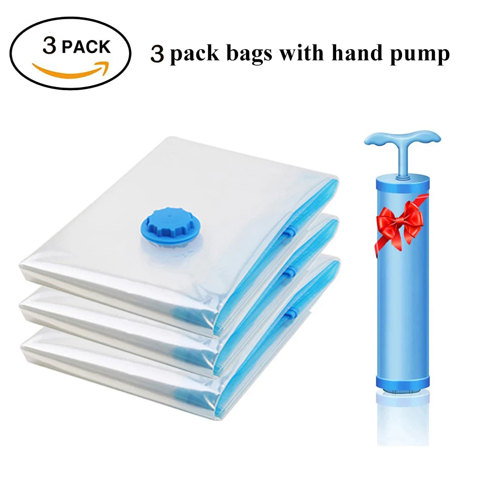 Premium Vacuum Storage Bags Combo Set with Hand Pump, Space Saving Compress Compression Bags for Clothes, Blankets, and Bedding