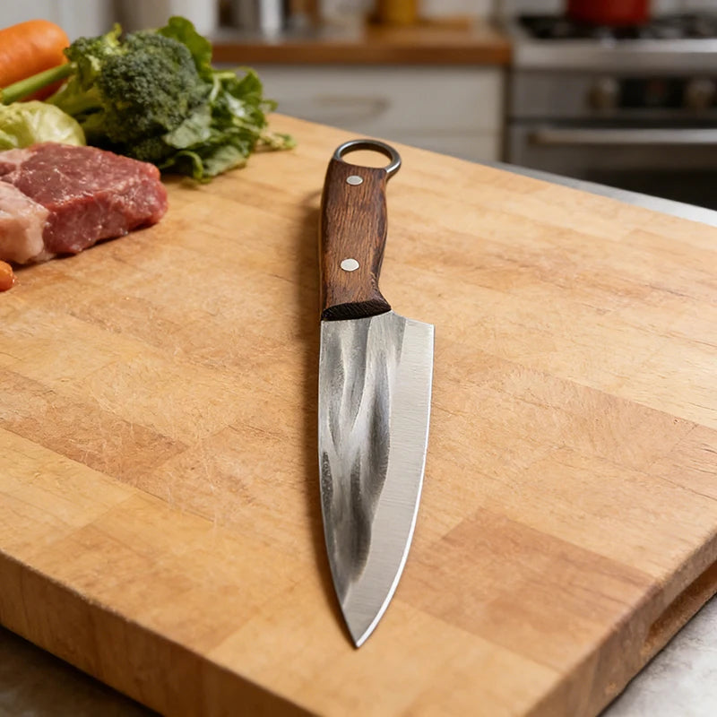 Kitchen Knife – Heavy Duty Carbon Steel Chef Knife, Outdoor Barbecue Cleaver, Boning, Meat Slicing & Fish Fillet Knife with Ergonomic Finger Hole and Leather Sheath