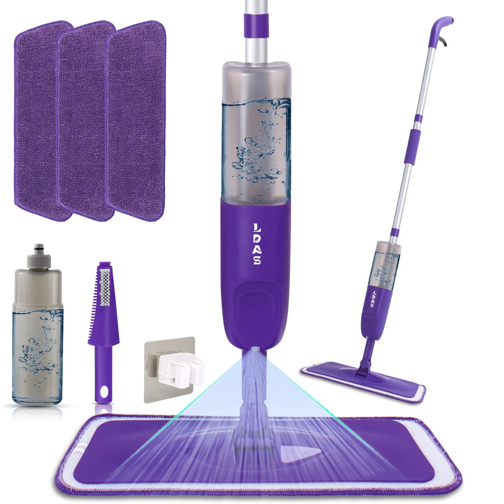 Washable pads for Swiffer  Power Mop  Spray Mop, 500ml Bottle, 3 Microfiber Mop Pads, Scraper, Mop Clip, Wet and Dry Use, Flat Floor Cleaning Mop