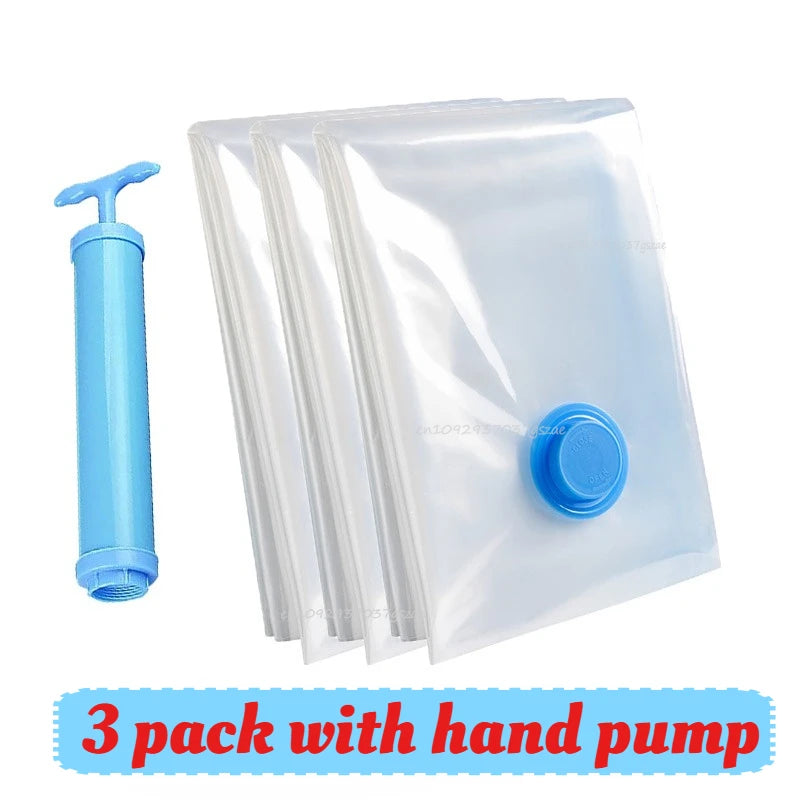 Vacuum Storage Bags for Clothes Space Saving Compression Bags Set with Manual Travel Hand Pump, Heavy Duty Thickened Reusable Organizers for Comforters, Blankets, Bedding  .