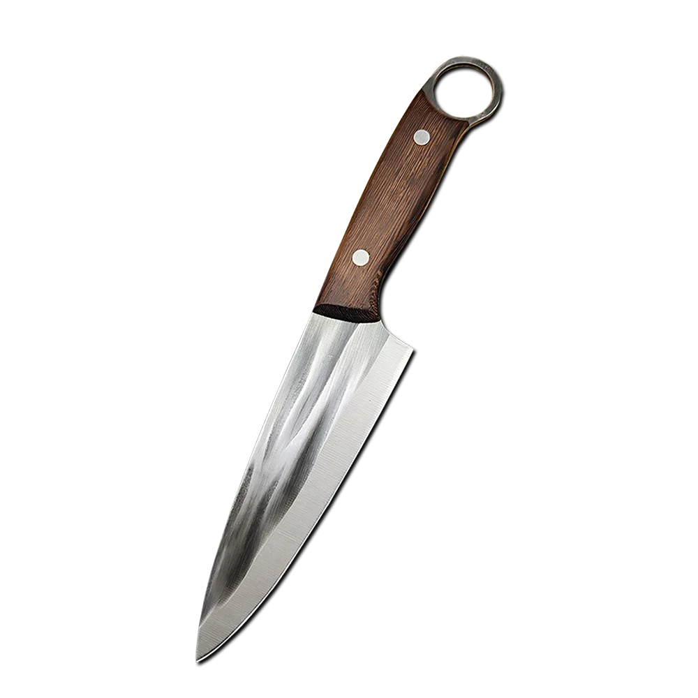 Kitchen Knife – Heavy Duty Carbon Steel Chef Knife, Outdoor Barbecue Cleaver, Boning, Meat Slicing & Fish Fillet Knife with Ergonomic Finger Hole and Leather Sheath