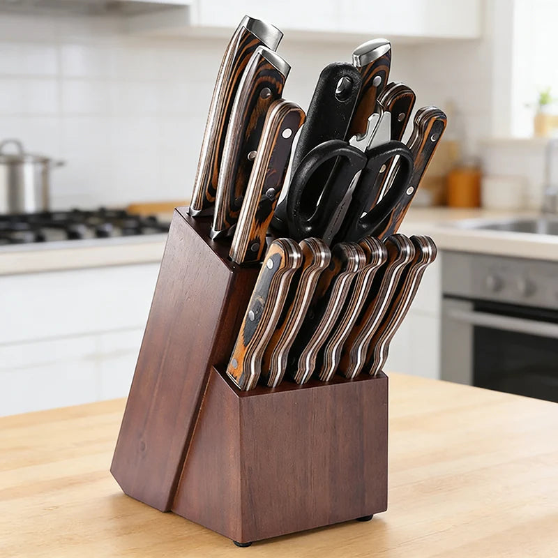 Wood Kitchen Knife Holder 14 Slot Tabletop Kitchen Cleaver Scissors Tool Storage Rack Chef Knife Stand Accessories