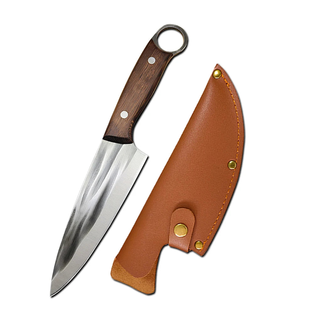Kitchen Knife – Heavy Duty Carbon Steel Chef Knife, Outdoor Barbecue Cleaver, Boning, Meat Slicing & Fish Fillet Knife with Ergonomic Finger Hole and Leather Sheath