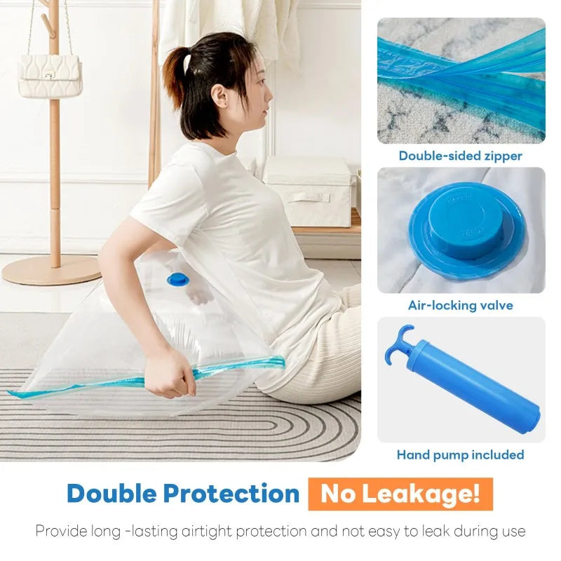 Vacuum Storage Bags for Clothes Space Saving Compression Bags Set with Manual Travel Hand Pump, Heavy Duty Thickened Reusable Organizers for Comforters, Blankets, Bedding  .