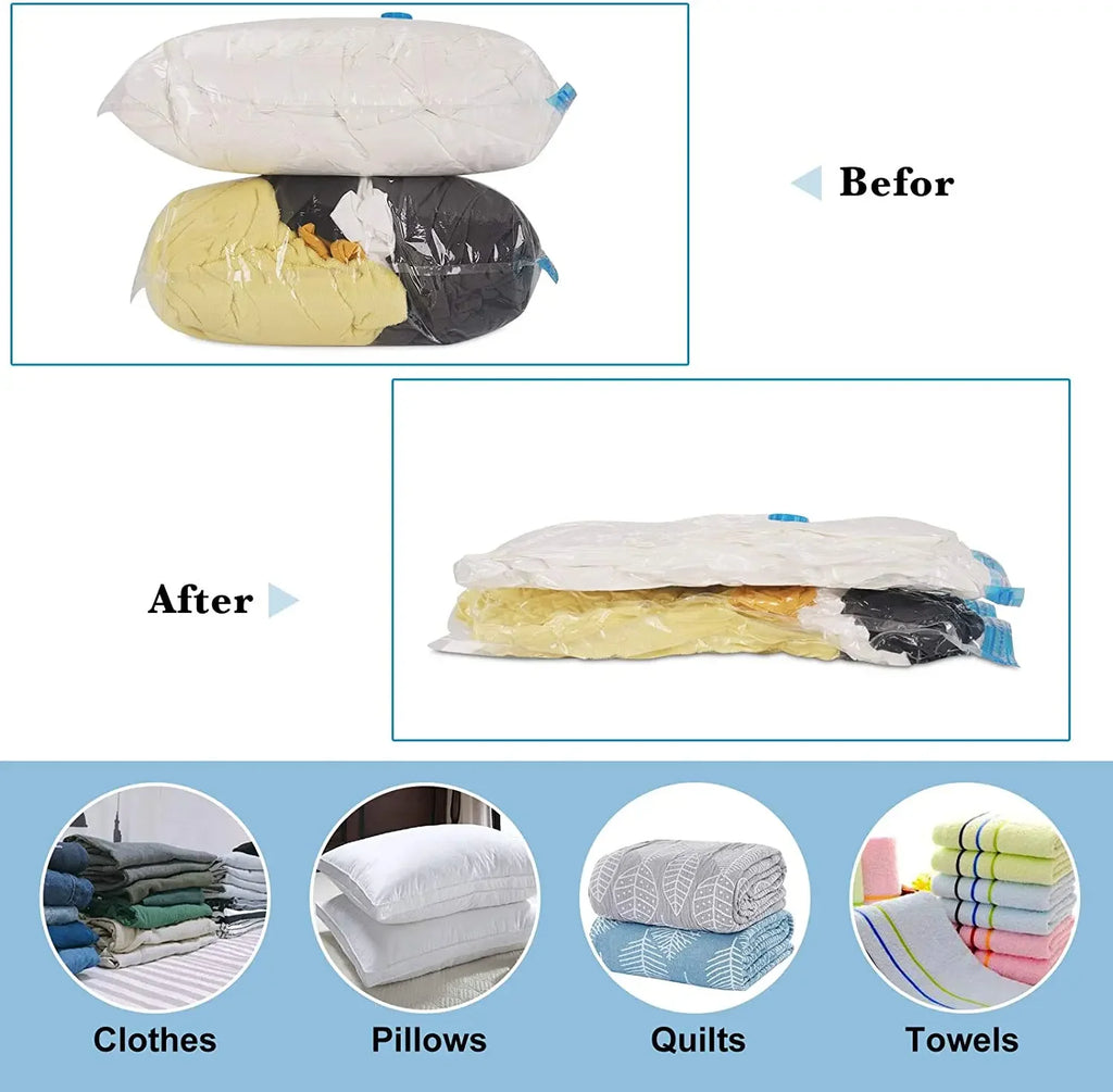 Premium Vacuum Storage Bags Combo Set with Hand Pump, Space Saving Compress Compression Bags for Clothes, Blankets, and Bedding