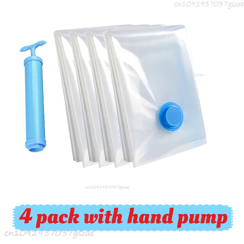 Vacuum Storage Bags for Clothes Space Saving Compression Bags Set with Manual Travel Hand Pump, Heavy Duty Thickened Reusable Organizers for Comforters, Blankets, Bedding  .