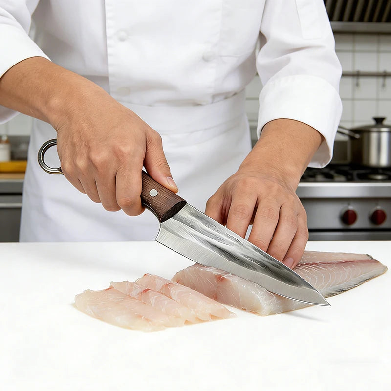 Kitchen Knife – Heavy Duty Carbon Steel Chef Knife, Outdoor Barbecue Cleaver, Boning, Meat Slicing & Fish Fillet Knife with Ergonomic Finger Hole and Leather Sheath