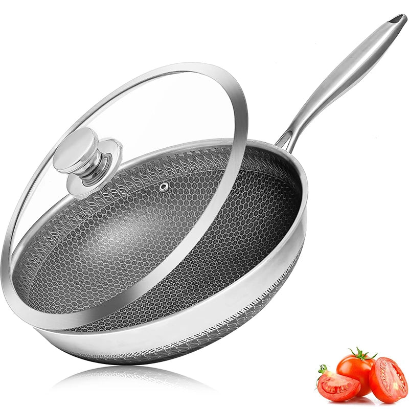 Stainless steel frying pan with lid on a white background

