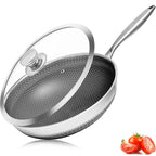 Stainless steel frying pan with lid on a white background

