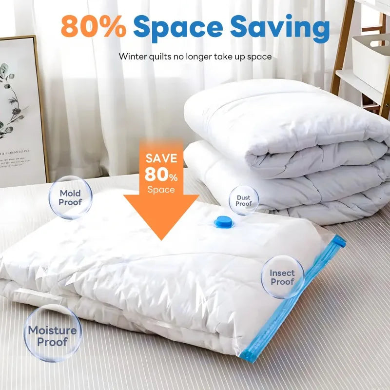Vacuum Storage Bags for Clothes Space Saving Compression Bags Set with Manual Travel Hand Pump, Heavy Duty Thickened Reusable Organizers for Comforters, Blankets, Bedding  .