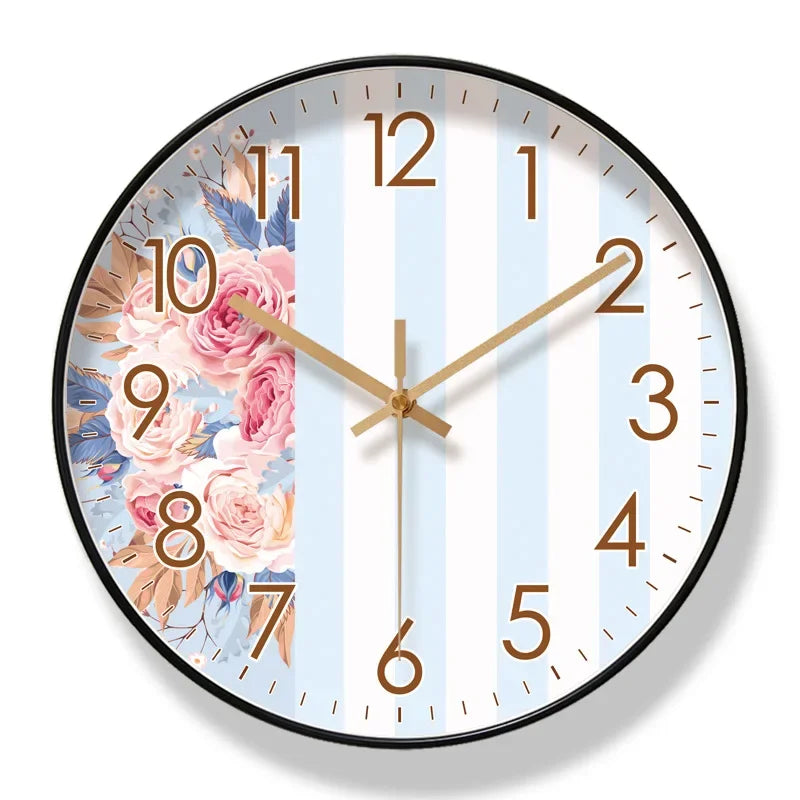 Round wall clock with floral design on a light blue background

