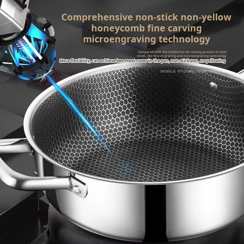 Stainless steel pan with honeycomb pattern and text about non-stick technology

