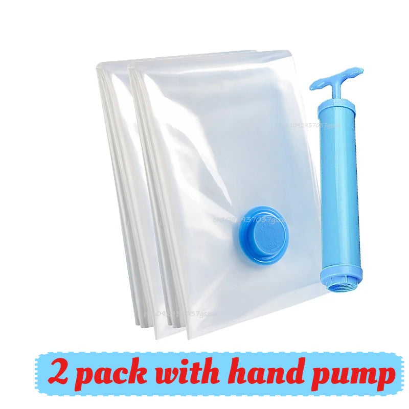 Vacuum Storage Bags for Clothes Space Saving Compression Bags Set with Manual Travel Hand Pump, Heavy Duty Thickened Reusable Organizers for Comforters, Blankets, Bedding  .