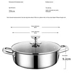Stainless steel frying pan with lid and measurement details on a white background

