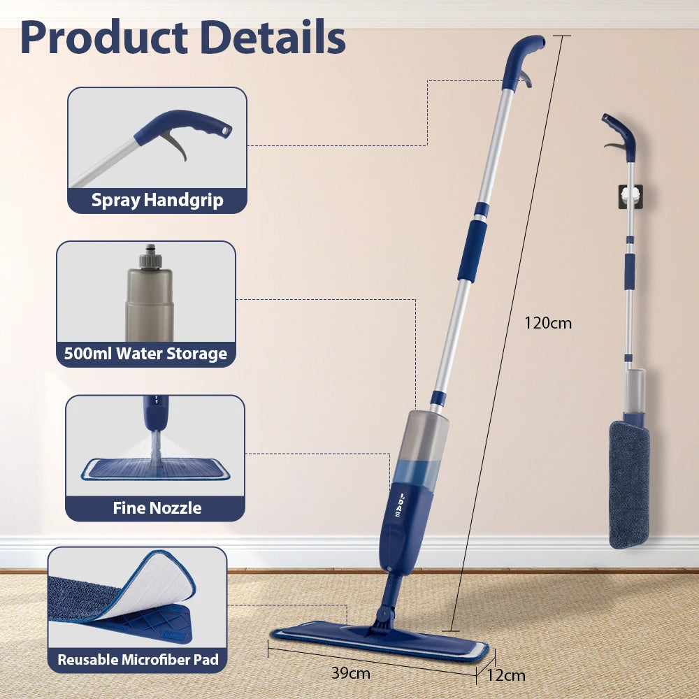 Washable pads for Swiffer  Power Mop  Spray Mop, 500ml Bottle, 3 Microfiber Mop Pads, Scraper, Mop Clip, Wet and Dry Use, Flat Floor Cleaning Mop