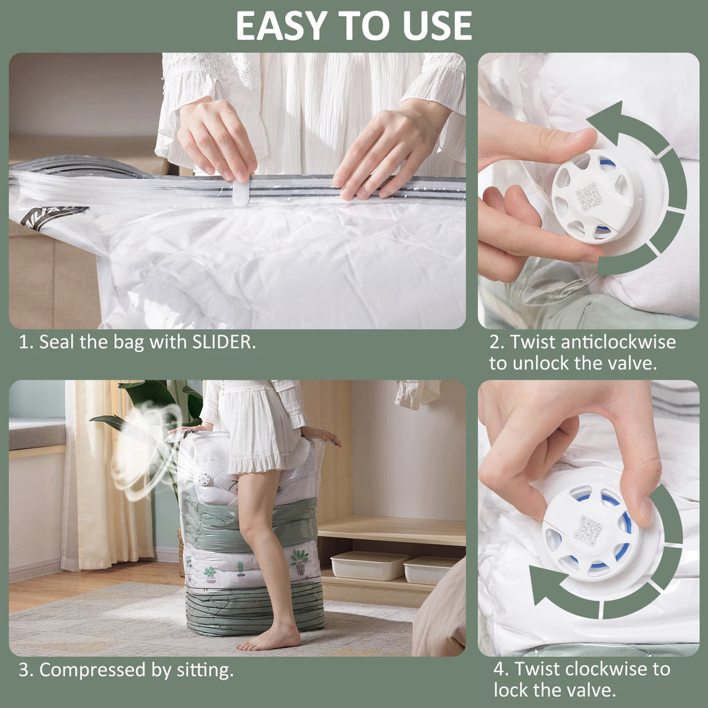 Vacuum Storage Bags for Quilts and Comforters, Space Saving Compression Bags with Patent Turbo-Max Valve, Tool-Free Sealing