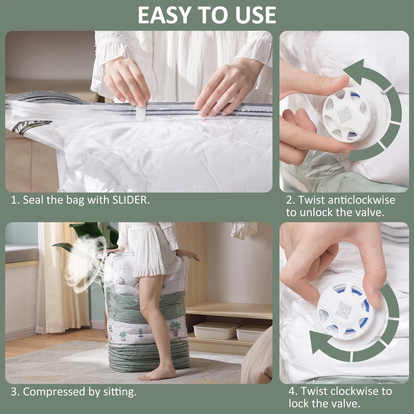 Vacuum Storage Bags for Quilts and Comforters, Space Saving Compression Bags with Patent Turbo-Max Valve, Tool-Free Sealing