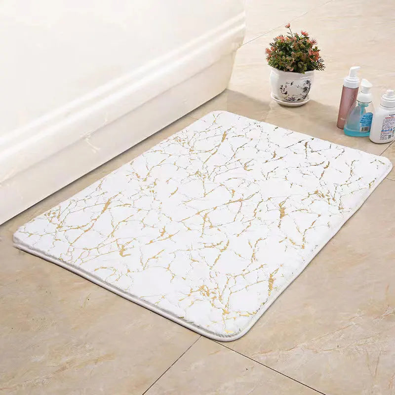 Marble-patterned rug on a tiled floor with cleaning supplies in the background

