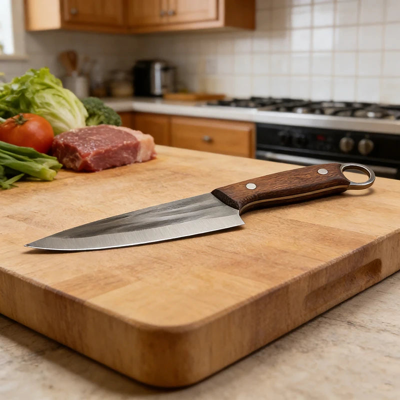Kitchen Knife – Heavy Duty Carbon Steel Chef Knife, Outdoor Barbecue Cleaver, Boning, Meat Slicing & Fish Fillet Knife with Ergonomic Finger Hole and Leather Sheath