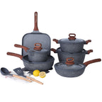 Premium Non-Stick Granite Cookware Set – Pots and Pans with Induction Bottom and Stay-Cool Wood Grain Handles