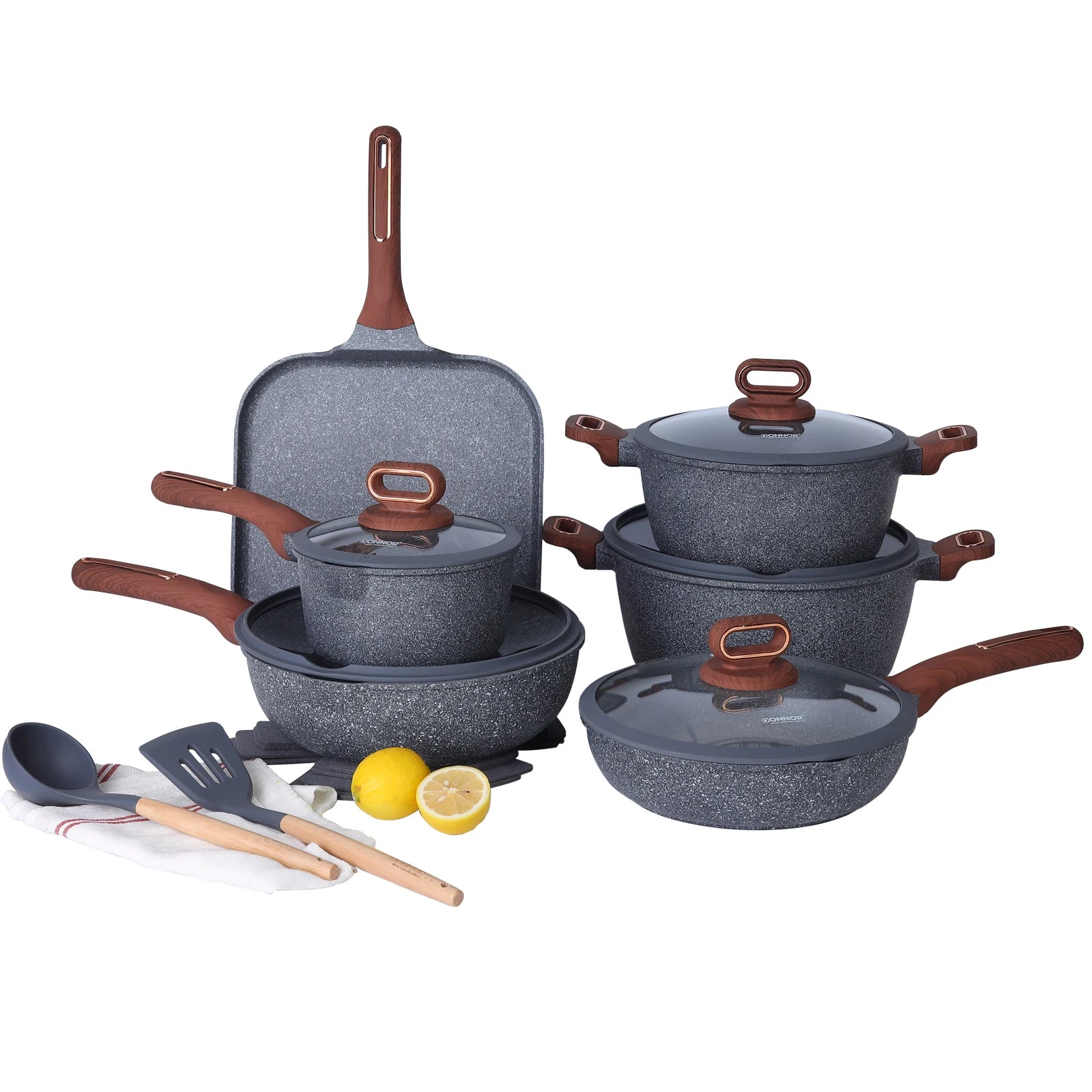 Premium Non-Stick Granite Cookware Set – Pots and Pans with Induction Bottom and Stay-Cool Wood Grain Handles