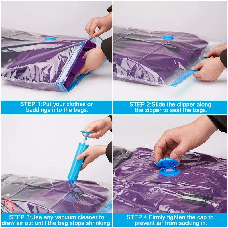 Premium Vacuum Storage Bags Combo Set with Hand Pump, Space Saving Compress Compression Bags for Clothes, Blankets, and Bedding