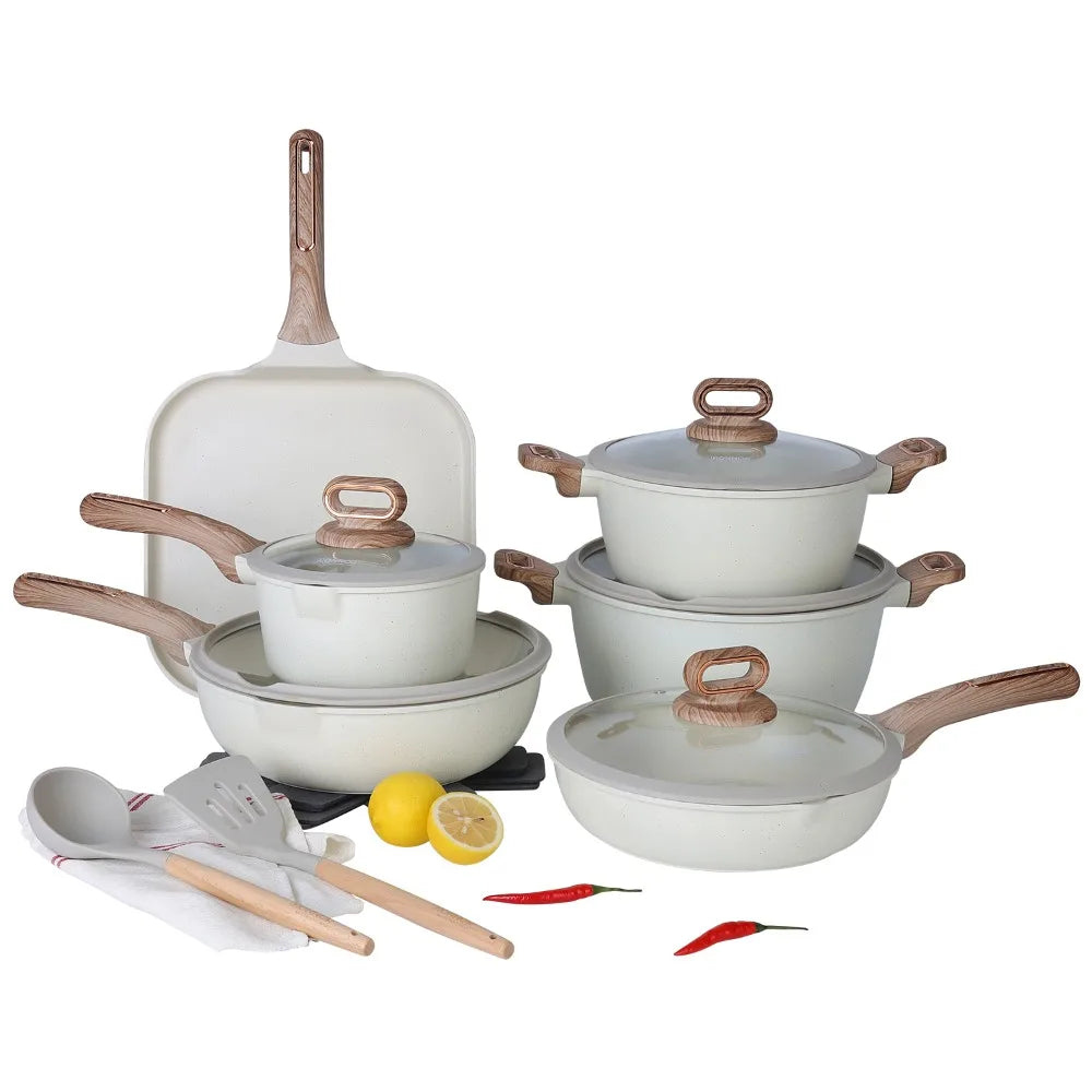 Premium Non-Stick Granite Cookware Set – Pots and Pans with Induction Bottom and Stay-Cool Wood Grain Handles