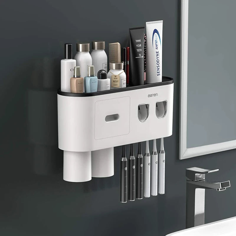 Wall-mounted bathroom organizer with toothbrush holder and cosmetic bottles on a dark wall.

