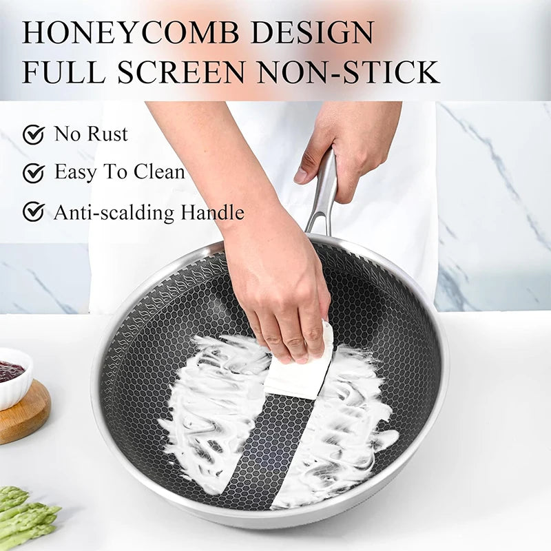 Honeycomb design non-stick frying pan with a person using it to cook food.


