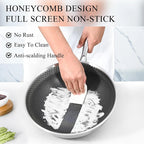 Honeycomb design non-stick frying pan with a person using it to cook food.

