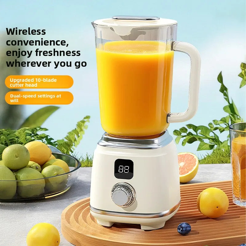 A countertop blender with a white base, silver trim, and a clear pitcher filled with orange juice, shown on a wooden tray with lemons, green fruit, and a glass of orange juice. Text on the left reads 'Wireless convenience, enjoy freshness wherever you go' with feature callouts.

