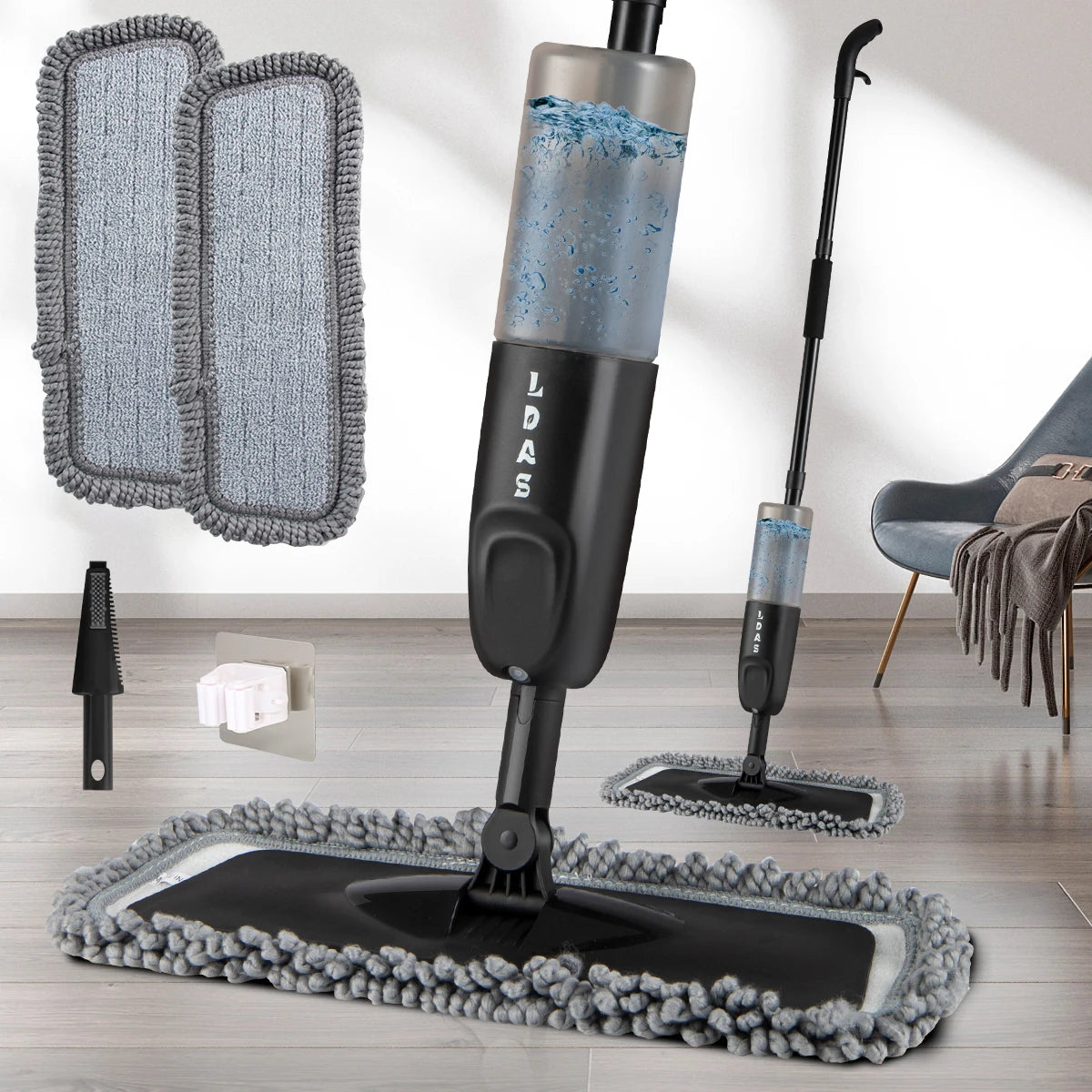 Washable pads for Swiffer  Power Mop  Spray Mop, 500ml Bottle, 3 Microfiber Mop Pads, Scraper, Mop Clip, Wet and Dry Use, Flat Floor Cleaning Mop