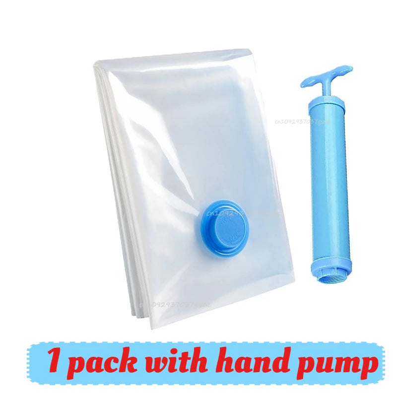 Vacuum Storage Bags for Clothes Space Saving Compression Bags Set with Manual Travel Hand Pump, Heavy Duty Thickened Reusable Organizers for Comforters, Blankets, Bedding  .
