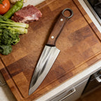 Kitchen Knife – Heavy Duty Carbon Steel Chef Knife, Outdoor Barbecue Cleaver, Boning, Meat Slicing & Fish Fillet Knife with Ergonomic Finger Hole and Leather Sheath
