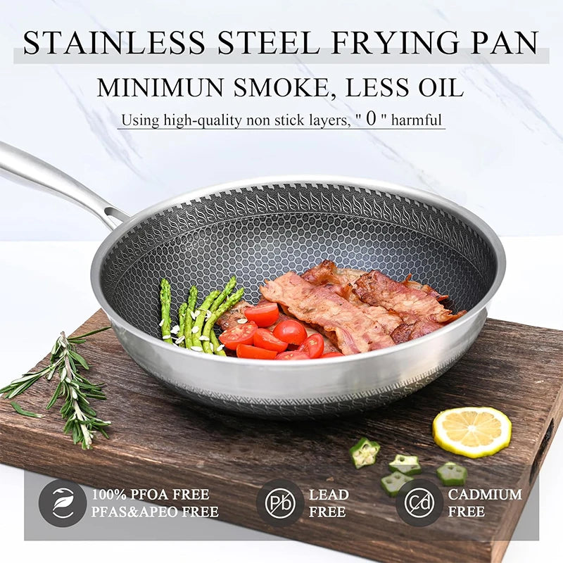 Stainless steel frying pan with food on a wooden board, featuring text about its benefits.

