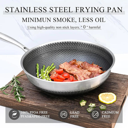Stainless steel frying pan with food on a wooden board, featuring text about its benefits.

