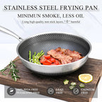 Stainless steel frying pan with food on a wooden board, featuring text about its benefits.

