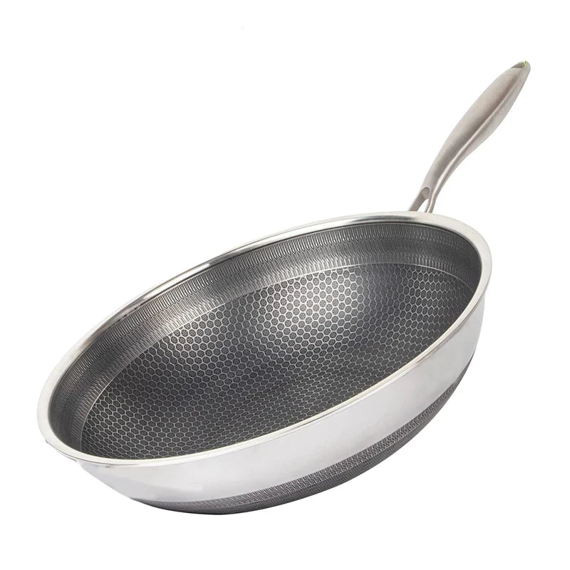Stainless steel frying pan with textured surface on a white background

