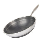 Stainless steel frying pan with textured surface on a white background

