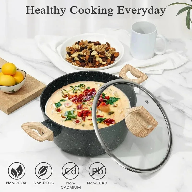 Black speckled cookware set with a lid, food inside, and 'Healthy Cooking Everyday' text.

