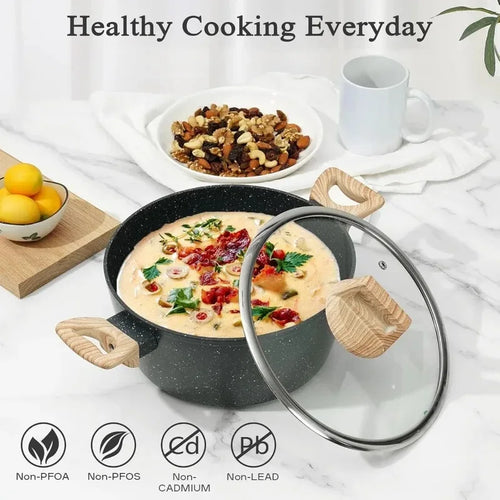 Black speckled cookware set with a lid, food inside, and 'Healthy Cooking Everyday' text.

